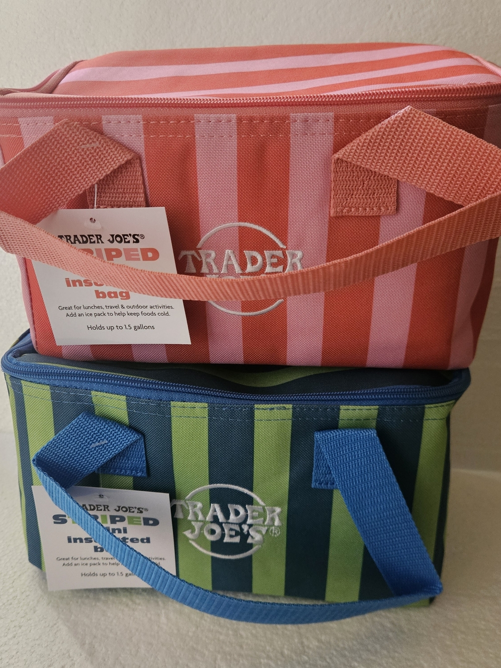 Trader Joe's Striped Mini Insulated Bag - Pink & Coral / Blue & Lime Green